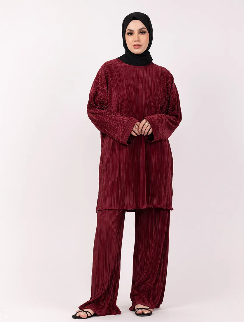 Maroon Midi Plisse Co Ord